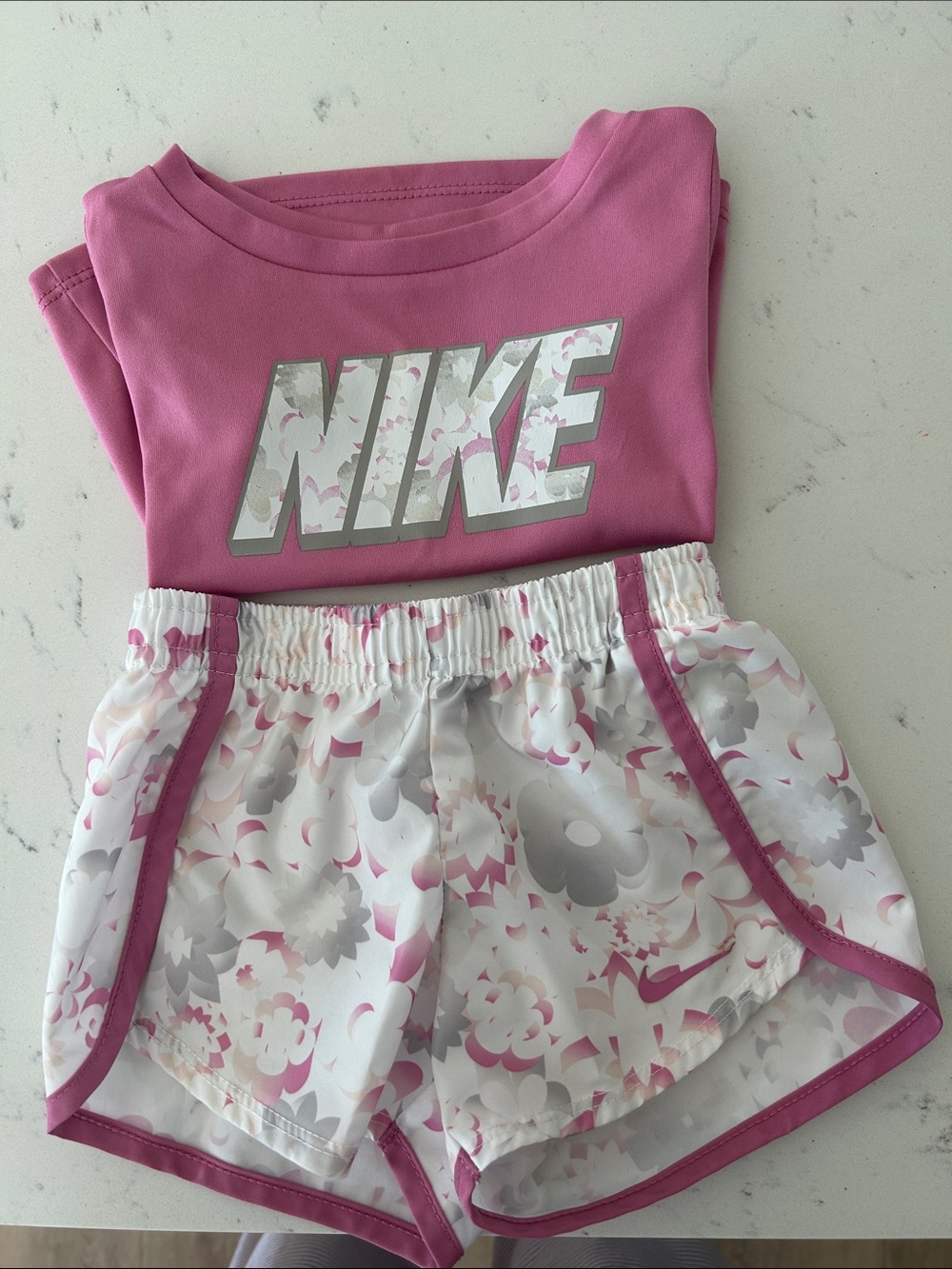 Toddler Nike Pink Floral Logo Tee and White Floral Trim Shorts